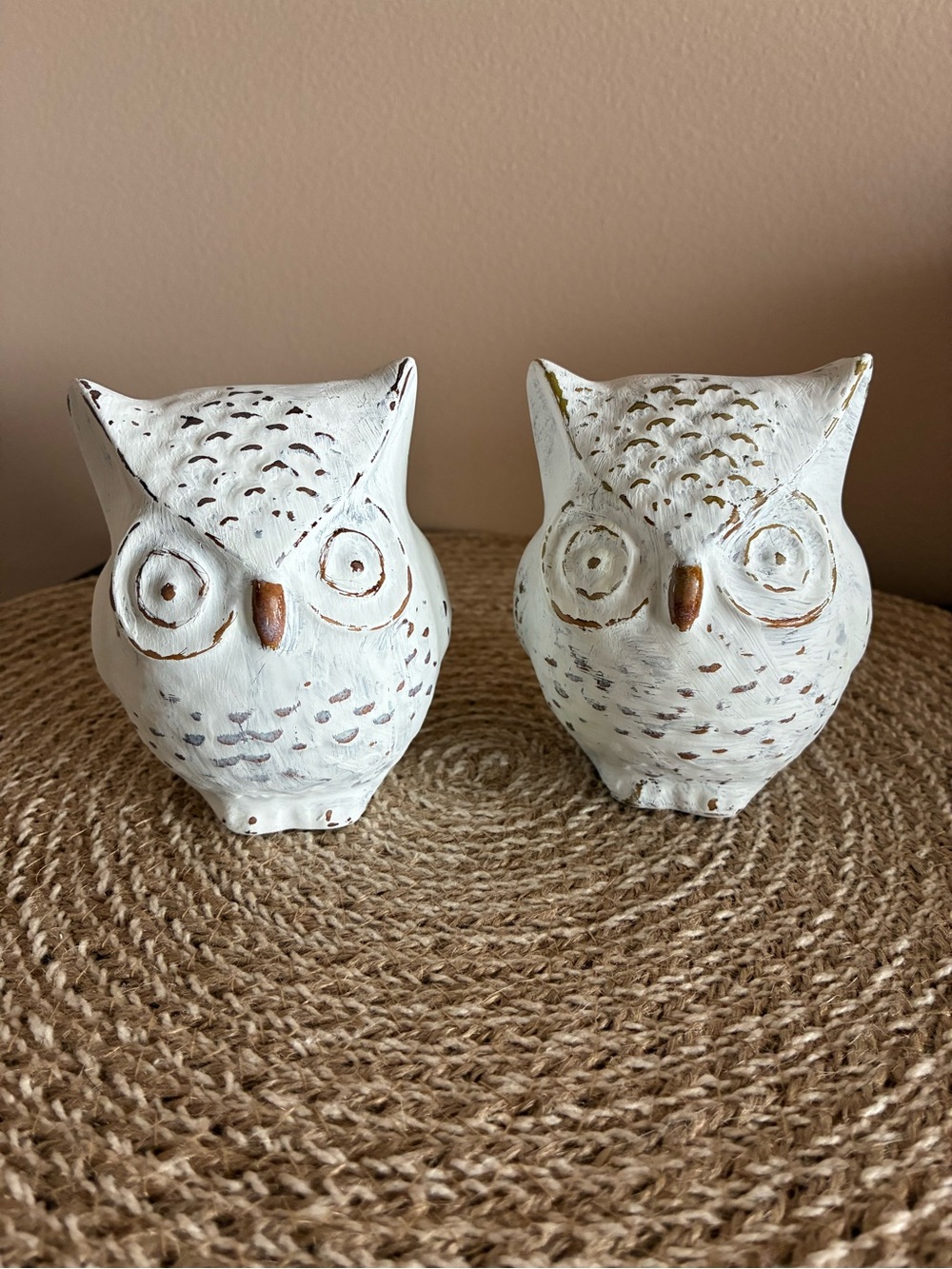 White Chalked Ceramic Owl Figurine Pair - Home Art Decor